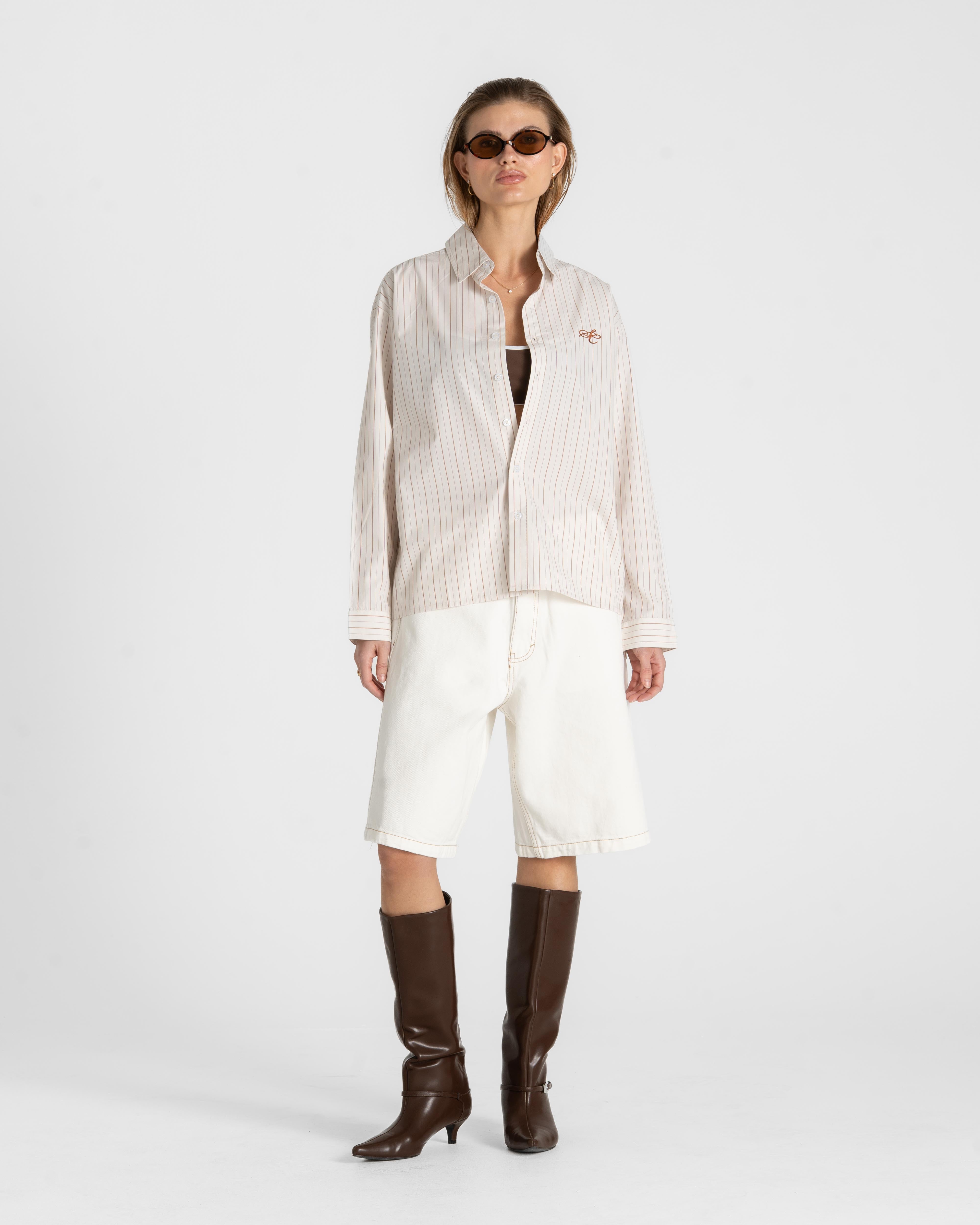 Oxford Longsleeve Shirt Brown Striped Dame