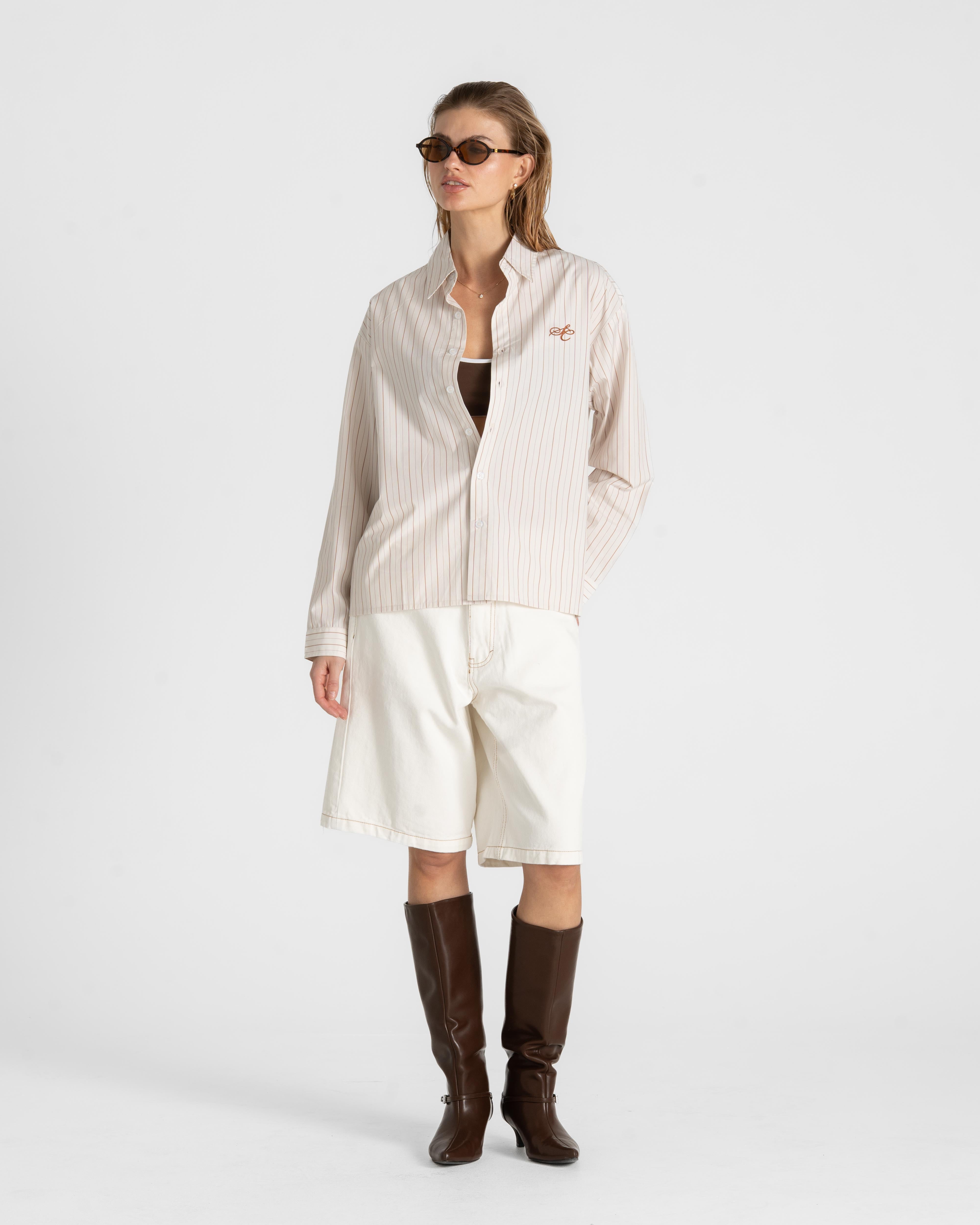 Oxford Longsleeve Shirt Brown Striped Dame