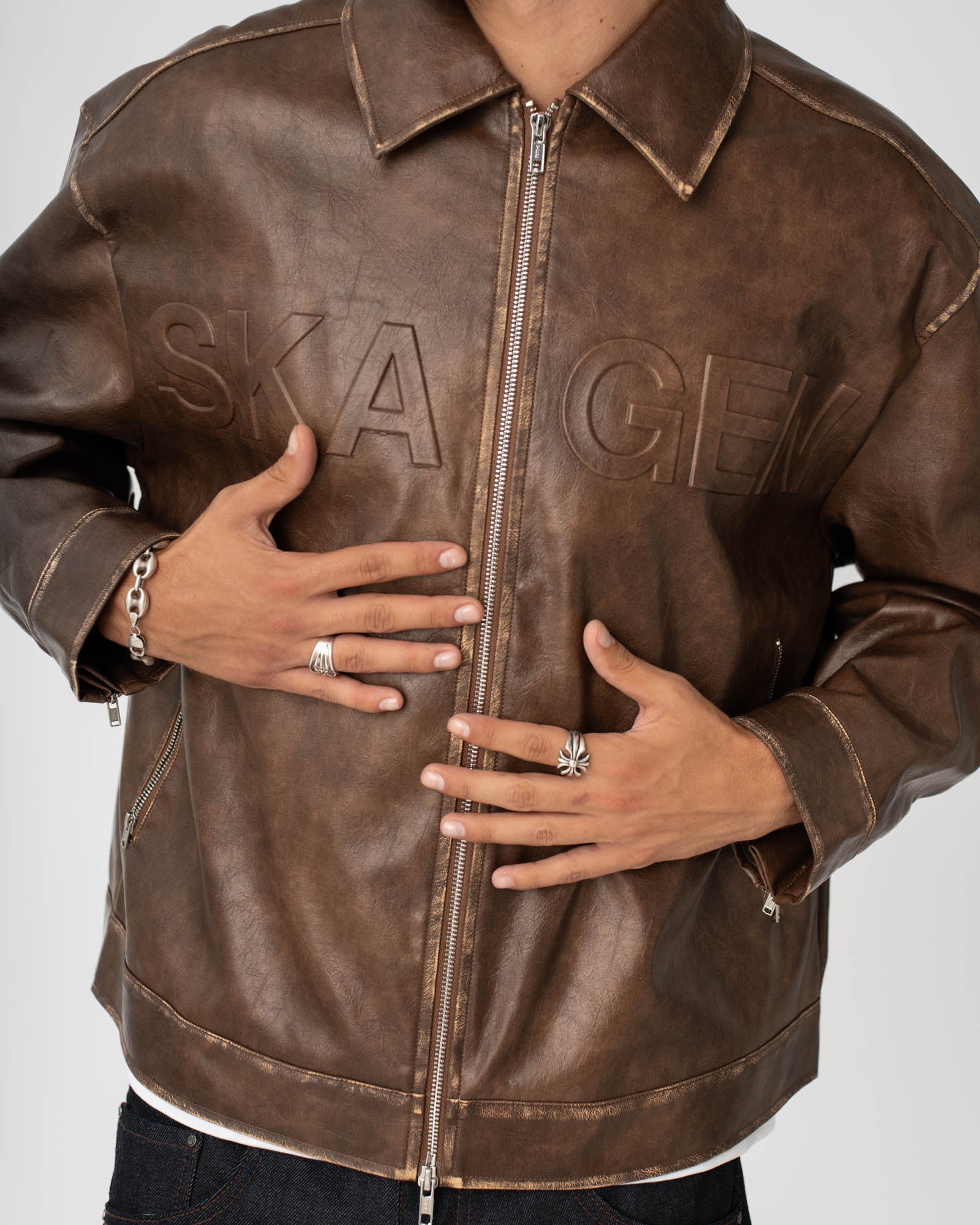 Distressed Leather Jacket Brown