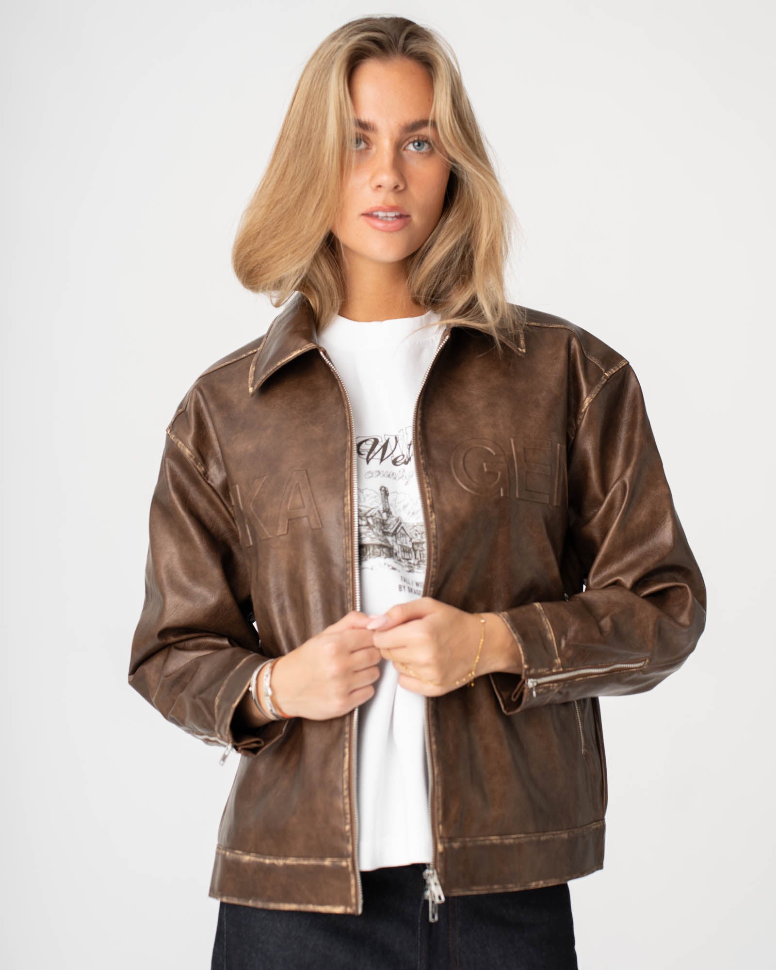 Distressed Leather Jacket Brown