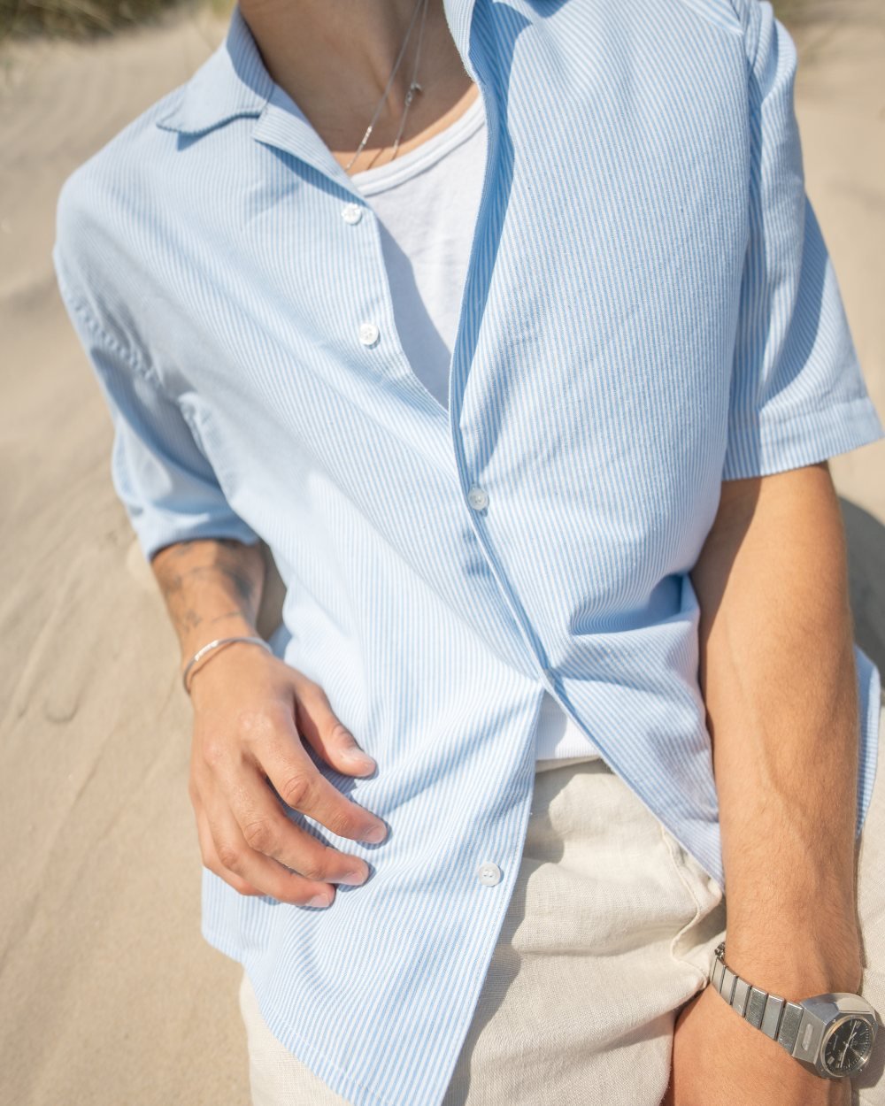 Kortærmet Hørskjorte Lyseblå Stribet | Skagen - clothing.dk